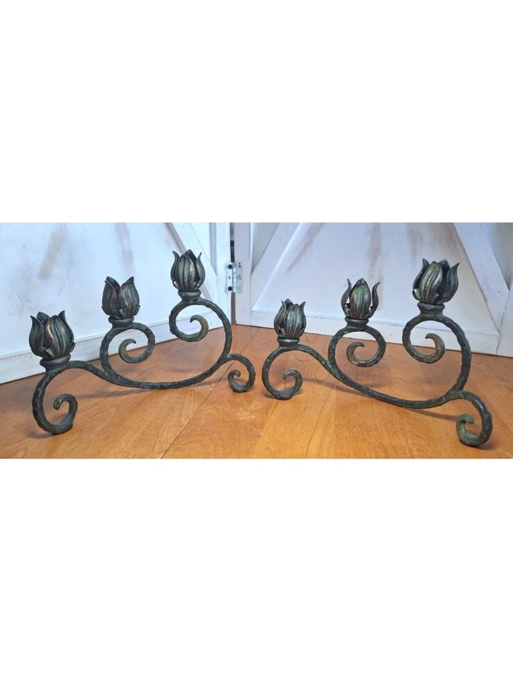 VTG Pair Brass/cast Iron Candlestick holders Tulip Buds on each Scroll Design